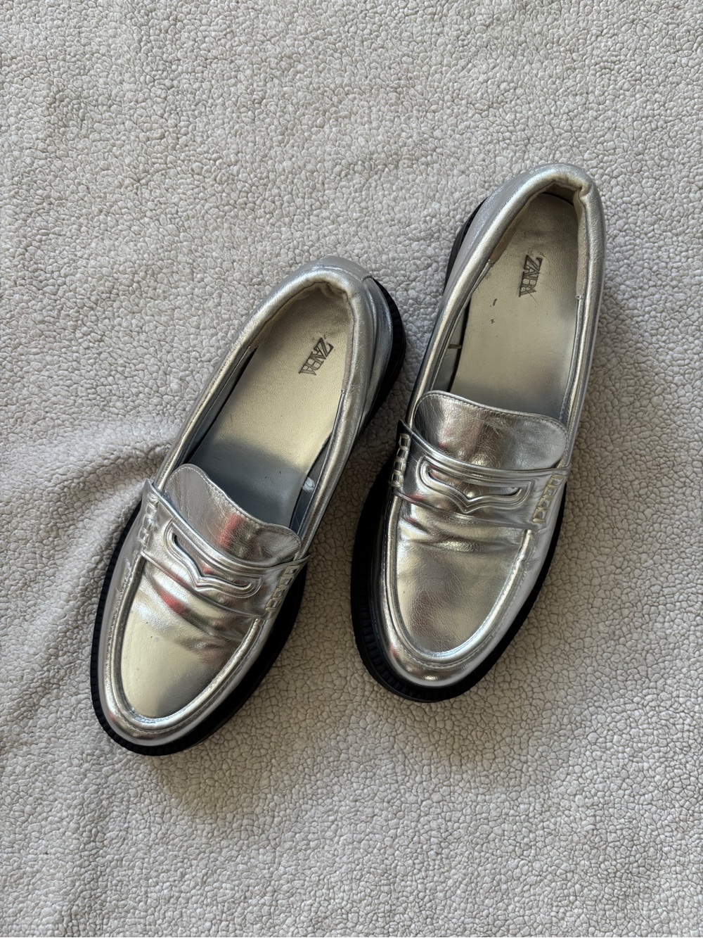 Zara Metallic Silver Penny Loafers for Women